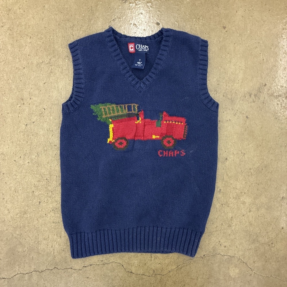 Chaps Boys knit cotton navy sweater vest Christmas Firetruck - Boys Size  7